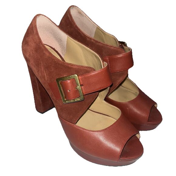 Michael Kors Eleni Block Heels Platform Peep Toe Brick Red Suede Leather 7.5 - Picture 1 of 11